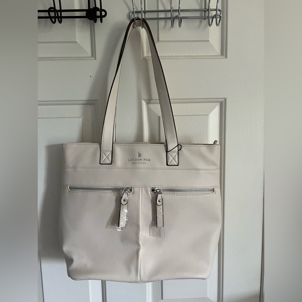 London Fog Off-White Tote Bag with Silver Accents